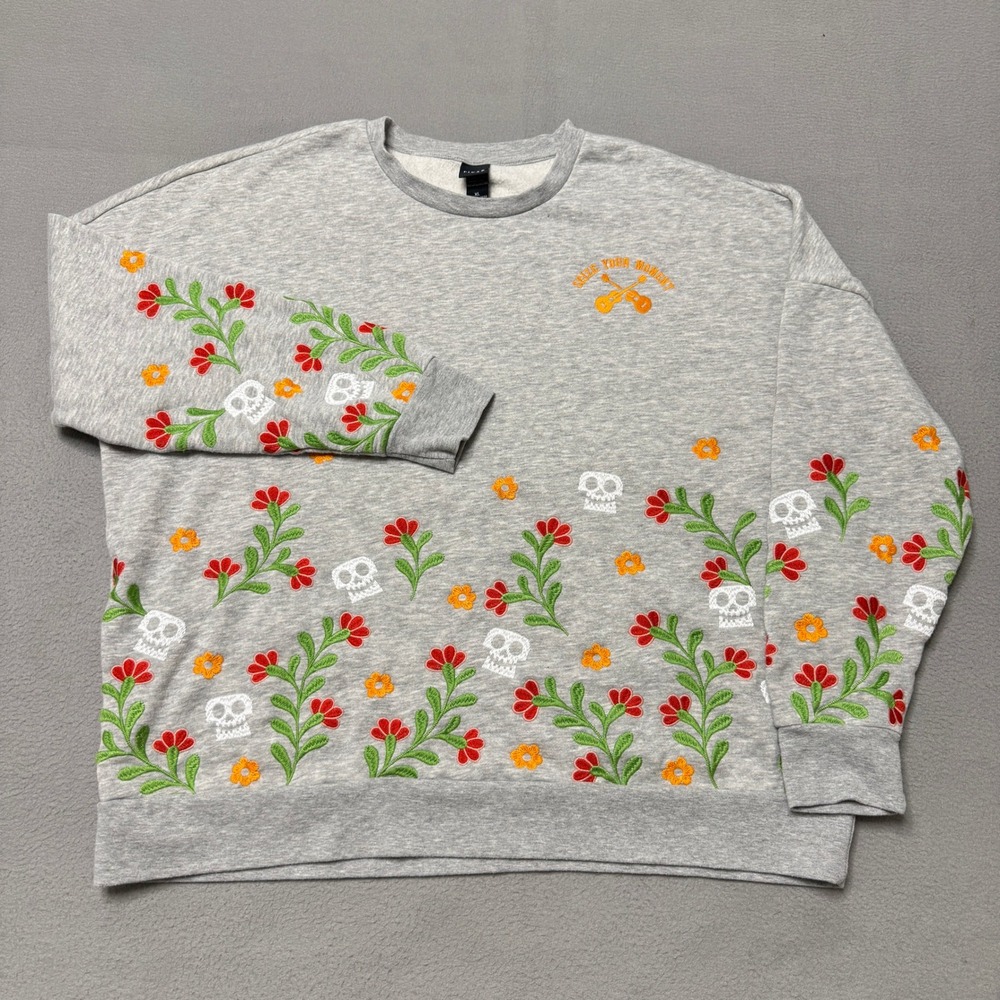 Pixar Coco Sweatshirt Womens XL Gray Floral Sugar Skull Embroidered Seize Moment